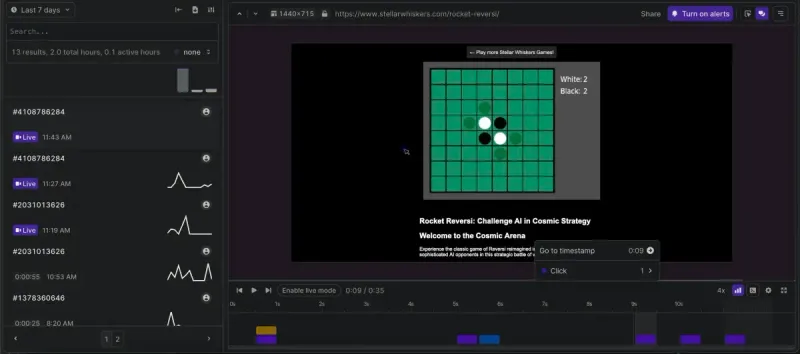 Screenshot of highlight.io showing Godot session replay