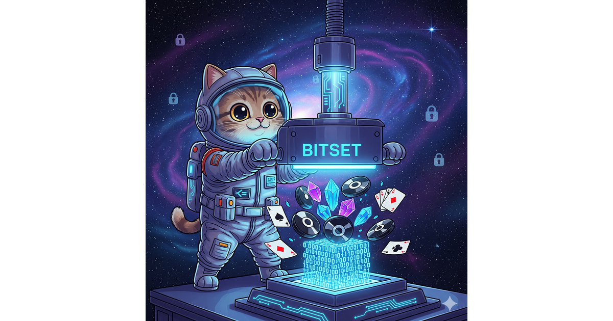 Illustration of an astronaut cat compressing game pieces in space.