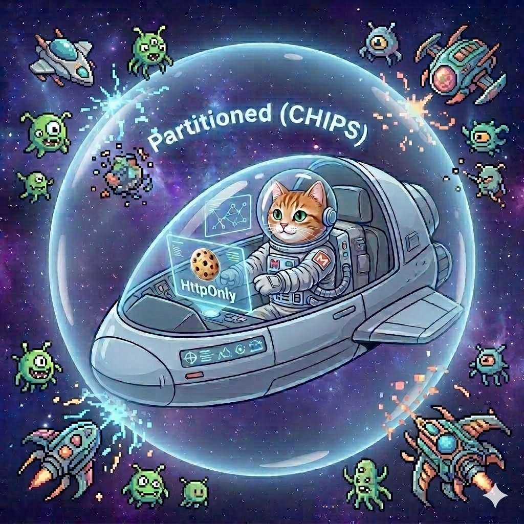 Illustration of an astronaut cat in a spaceship being protected by secure cookies from alien attack.