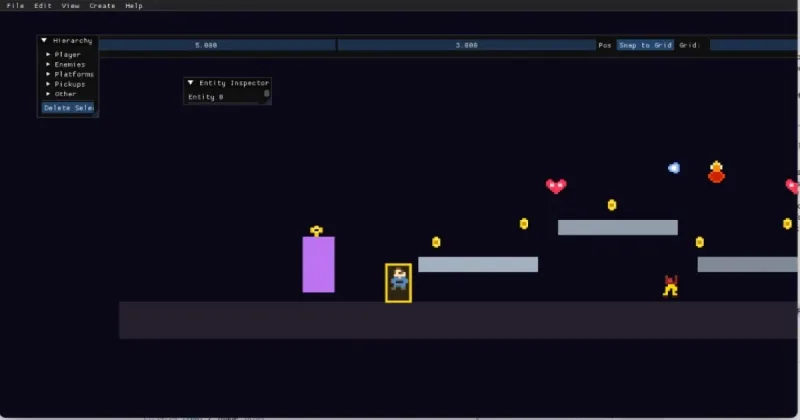 Whiskers platformer demo with ImGui editor overlay: hierarchy, entity inspector, and in-viewport selection.