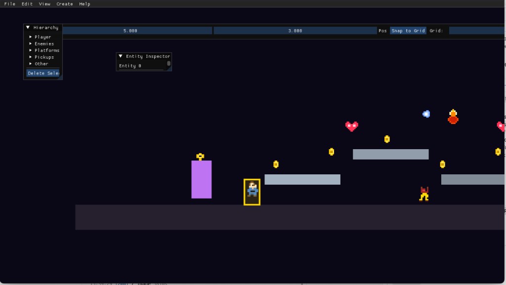 Whiskers platformer demo with ImGui editor (F1)